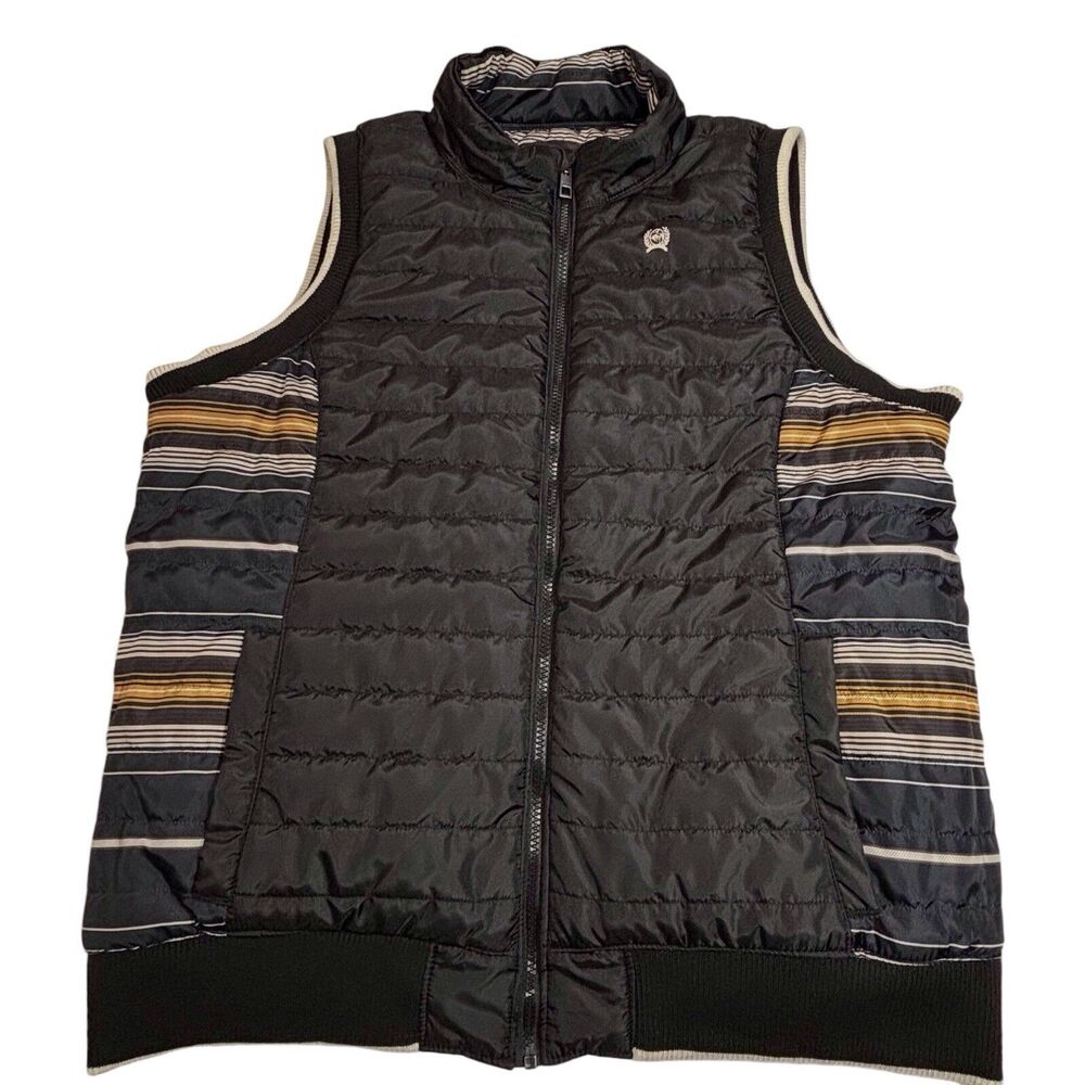 Cinch Reversible Quilted Full Zip Vest Women's XXL Black Tan Striped Cowgirl
